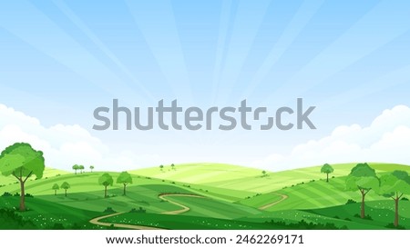 A beautiful rural landscape. The meadows and pastures are covered with green grass, trees and bushes. A path running through the field. Summer sunny day. Blue sky. Vector illustration.