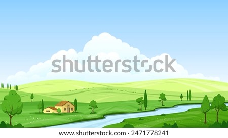 Beautiful summer landscape of a green valley with hills, trees and bushes. Country house near the river. Blue sky and clouds. Panoramic vector illustration.