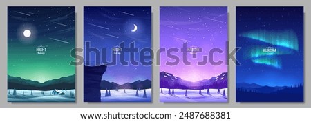 A set of posters with winter landscapes. Aurora over the mountains, night sky, valleys, and forests. Snow drifts, snowfall. Pictures for covers, backgrounds, wallpapers, invitations. Vector images.