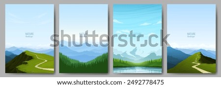 A set of posters with mountain landscapes. The path to the top of the mountain, alpine landscapes, dense forest, mountain lake.  The concept of travel, tourism, hiking in the mountains. Vector images.