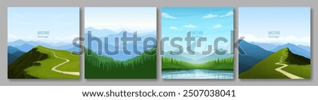 A collection of posters on the mountain theme. Alpine peaks and rocks, a path in the mountains, a panoramic view of the mountains. The concept of tourism, hiking, active recreation in the mountains.