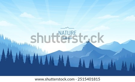 Mountain landscape with silhouettes of mountain ranges and trees against the background of the blue sky. Sunrise. Tourism, hiking in the mountains, active recreation in nature. Vector illustration.