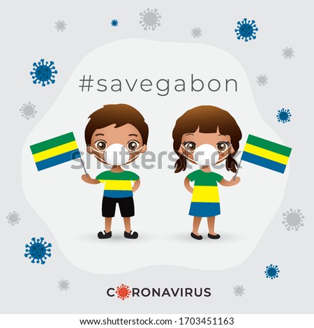 Set of boy and girl wearing surgical mask preventing coronavirus with national flag : Gabon : Vector Illustration