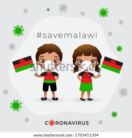 Set of boy and girl wearing surgical mask preventing coronavirus with national flag : Malawi : Vector Illustration