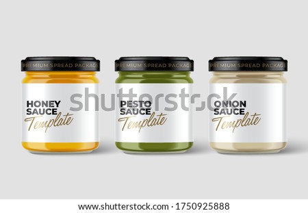 Set of Premium glass container with blank label template isolated on light grey background : Vector Illustration Foto stock © 