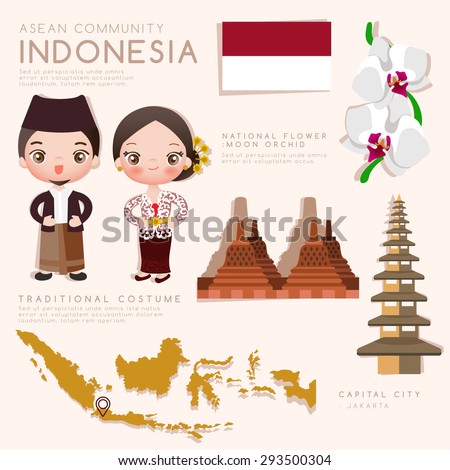 Indonesia : Asean Economic Community (AEC) Infographic with Traditional Costume, National Flower and Tourist Attractions : Vector Illustration EPS10