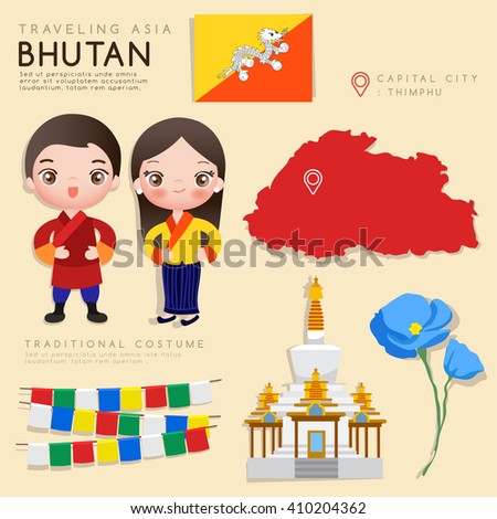 Bhutan : Infographic with Traditional Costume and Tourist Attractions : Vector Illustration EPS10