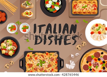 Italian Food : Food Illustration In Top View : Vector Illustration