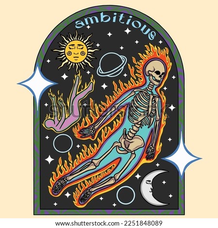 The Flying Human Skeleton Burned In His Ambition Vector Illustration