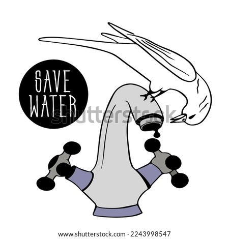 bird, chickadee, sparrow sits on metal faucet with valve and drinks drop of water. The concept of water conservation. Save water. The bird takes bath under the tap. Doodle. Bird Day