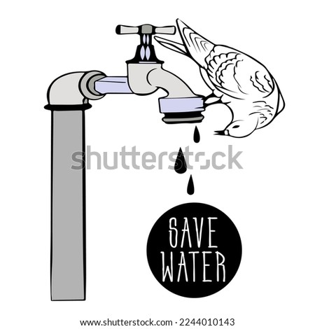 bird sits on tap with valve, drop of falling water, bird drinks, washes. Conservation of water and resources. Saving water.  bird day. Ornithology. doodles