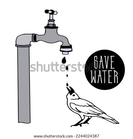 bird, raven stands under faulty water tap with valve, drop of falling water, bird drinks, washes. Conservation of water and resources. Save water. Ornithology. doodle