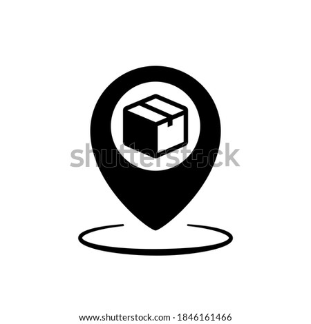 Point of delivery location vector icon. Shop order delivery, package and location pin, racking box, receive postal parcel, pick up point. Vector flat cartoon illustration for web sites