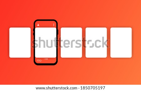 Social media carousel with smartphone. Smartphone with interface carousel post on social network. Phone mockup template. Carousel ads banner. Social media story. Mockup template media internet.