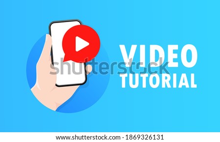 Video tutorial. Hand holds smartphone with play button. Video content marketing concept. Video conference and webinar. Online learning and training.