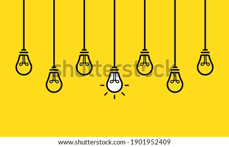 A set of hanging light bulbs with one glowing. Fashionable flat vector light bulb icons with the concept of ideas. Light bulb line icons set vector. Bulb, ideas, Creative icon symbol.