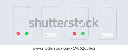 Phone call screen template. Incoming call. iPhone Call Screen Set. Interface. Slide To Answer. Accept Button. Decline Button. Neumorphic UI UX white user interface. Neumorphism.
