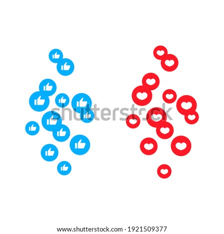 Like and thumb up icon set. Flying hearts. Social media concept. Blogging. Vector EPS 10. Isolated on white background