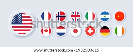 Set of flag icon. United States, Italy, China, France, Canada, Japan, Ireland, Kingdom, Nicaragua, Norway, Switzerland, Netherlands. Round icons flags. Neumorphic UI UX user interface. Neumorphism