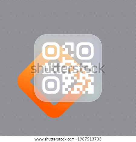 Qr code scan badge. Technology for instant payment or tech pay method without money. Glassmorphism style. Vector illustration. Realistic glass morphism effect with set of transparent glass plates.