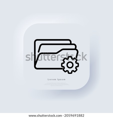 Folder with cogwheel icon. Project management concept. Data management, project goals, task sign with settings sign. Neumorphic UI UX white user interface web button. Neumorphism. Vector illustration.