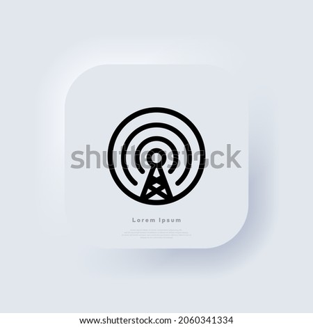 Cell phone tower icon. Antenna icon vector. Wireless. Mobile connection line. Signal sign. Broadcast, transmitter antenna. Neumorphic UI UX white user interface web button. Neumorphism. Vector EPS 10.