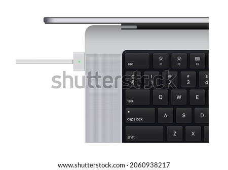 Laptop with charging. Realistic laptop computer mockup. Vector. Laptop realistic computer in mockup style.
