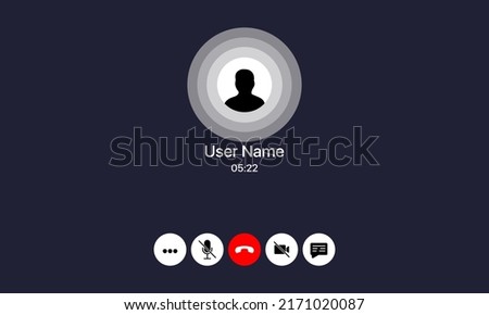 Video conversation Vector illustration. Buttons hang up, turn off the microphone, turn off the camera, write a message, volume, more. Avatar of the interlocutor.
