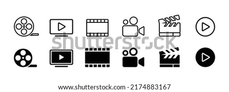 Shooting set icon. Film shooting, film player, 1 to 10, projector, camera, seconds, old film, video, slideshow. Movie concept. Vector line icon for Business and Advertising