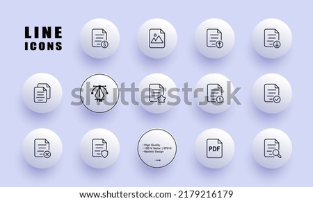 Digital documents set icon. Website buttons, dollar, picture, upload, download, star, checkmark, cross, portable format, magnifier. Business concept. Neomorphism style. Vector line icon for Business.