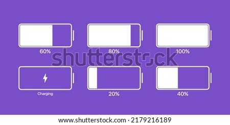 Battery percentage set icon. Charge, percent, 80, 60, lightning, 20, 40, 100, charge, recharge, device, accumulator. Technology concept. Vector line icon for Business and Advertising.