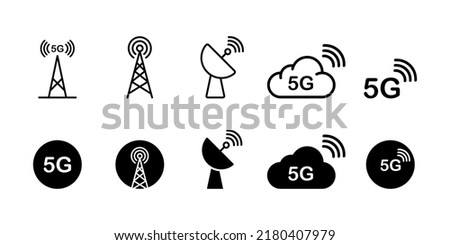 5G signal set icon. Mobile Internet, electric tower, antenna, satellite, cloud, store, online, five g, network, power, communication standard. Technology concept. Vector line icon for Business.