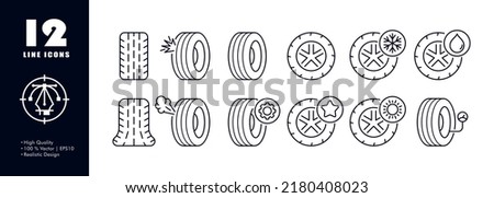 Car wheels set icon. Winter and summer tires, punch a wheel, repair, fix, gear, star, snowflake, sun, water drop, tire pressure, pump up. Car service concept. Vector line icon for Business.