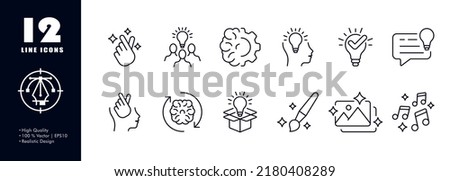 Creative thinking set icon. Snap of fingers, light bulb, brain, mind, gear, head, check mark, speech bubble, circle arrows, paint brush, photo, music. Occupation concept. Vector line icon for Business
