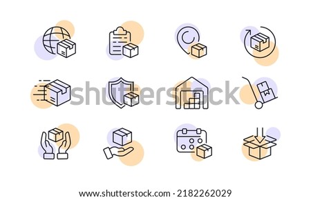Delivery set icon. Worldwide shipping, box, invoice, pointer, arrow, shield, warehouse, hands, loader, calendar, packaging. Logistics concept. Vector line icon for Business and Advertising.