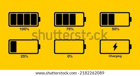 Battery charge percent set icon. Full, charged, fast, carging, 100, 75, 50, 25, 0, lightning, electricity, accumulator, electronoc device, power. Technology concept. Vector line icon for Business.