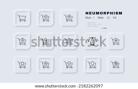 Buttons for online store with shopping carts set icon. Percent, shield, plus, minus, add, remove, star, arrow, magnifier, dollar, cross, tick. Sale concept. Neomorphism. Vector line icon for Business.
