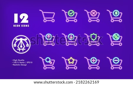Buttons with shopping carts for website set icon. Checkmark, cross, dollar, arrow up and down, shield, percent, magnifier, star, plus, minus. Sale concept. Neon glow. Vector line icon for Business.