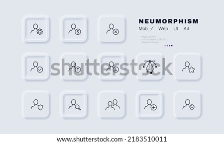 Actions with files set icon. Gear, dollar, cross, tick, arrow up, down, star, shield, magnifier, plus, pointer, add, delete, settings. Business concept. Neomorphism. Vector line icon for Business.
