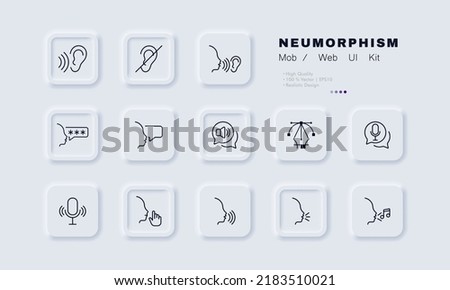 Loud and quiet modes set icon. Volume, ear, hear, crossed out, speak, password, megaphone, microphone, note. Technology concept. Neomorphism style. Vector line icon for Business and Advertising.