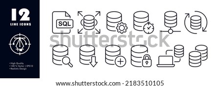 Databases set icon. Store the information, table, order, gear, arrows, clock, search, magnifier, download, lock, plus, laptop, query, language. Business concept. Vector line icon for Business.