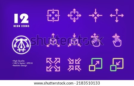 Zoom in and out arrows set icon. Maximize, minimize window, scale, viewer, view, viewing angle, 360, metaverse. Virtual reality concept. Neon glow style. Vector line icon for Business and Advertising.