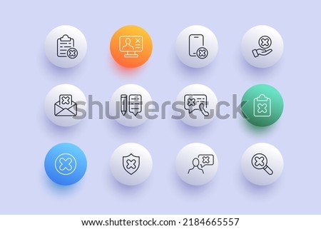 Rejection buttons with crosses set icon. Clipboard, document, computer, phone, hand, letter, pencil, communication, landline phone, shield, magnifier. Business concept. Neomorphism. Vector line icon.