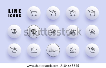 Shoping carts with website buttons set icon. Checkmark, cross, arrow up and down, magnifier, star, plus, minus, shield, percent. Online shopping concept. Neomorphism. Vector line icon for Business.