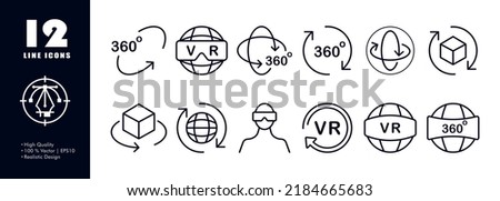 Virtual reality set icon. VR, 360 degrees, planet, cube, arrows, glasses, view, viewing angle, internet, online, space, user. Metaverse concept. Vector line icon for Business and Advertising.