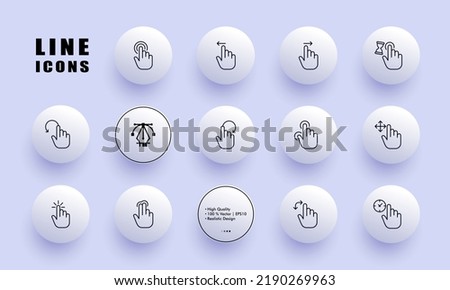 Touch gestures set icon. Screen, control, hand, index finger, tap, swipe, left, right, move, arrow, loading, hourglass. Technology concept. Neomorphism. Vector line icon for Business and Advertising.