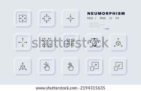 Zoom in and out buttons set icon. Arrows, scale, cube, view, viewing angle, 3d, three dimensional, hand, window, control, player, watch. Technology concept. Neomorphism. Vector line icon for Business.