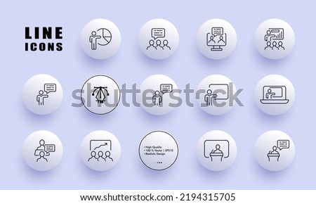 Presentation set icon. Speech, tribune, statistics, chart, communication, briefing, online conference, slide show, strategy, lecture, education. Business concept. Neomorphism style. Vector line icon.