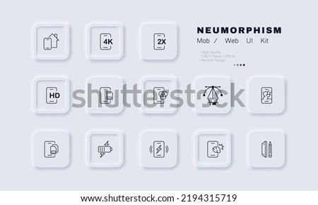 Phone technologies set icon. 4K, 2X speed, HD video, memory card, color scheme, navigator, sim cards, battury charge, screen stylus. Apps concept. Neomorphism style. Vector line icon for Business.