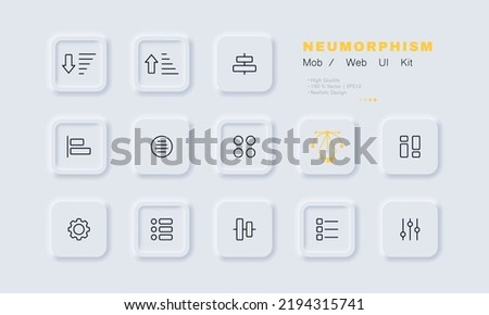 Apps menu set icon. Applications, arrows, order, alignment, bar, navigation, circle, square, pictogram, list, control, view, settings. Technology concept. Neomorphism. Vector line icon for Business.